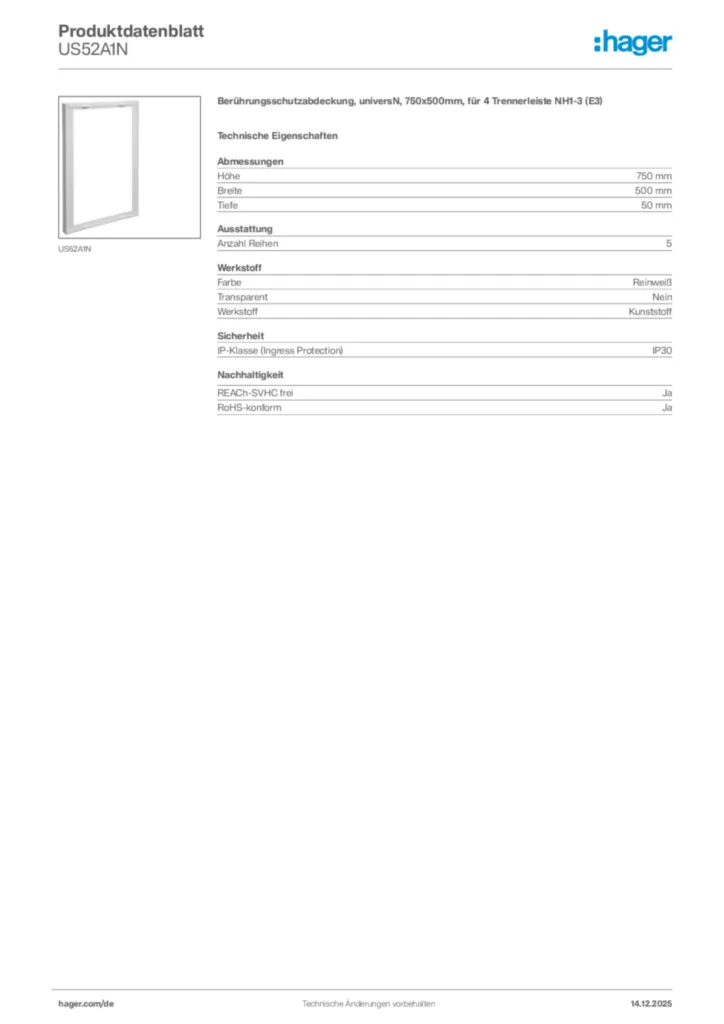 Bild Hager Produktdatenblatt US52A1N | Hager Deutschland