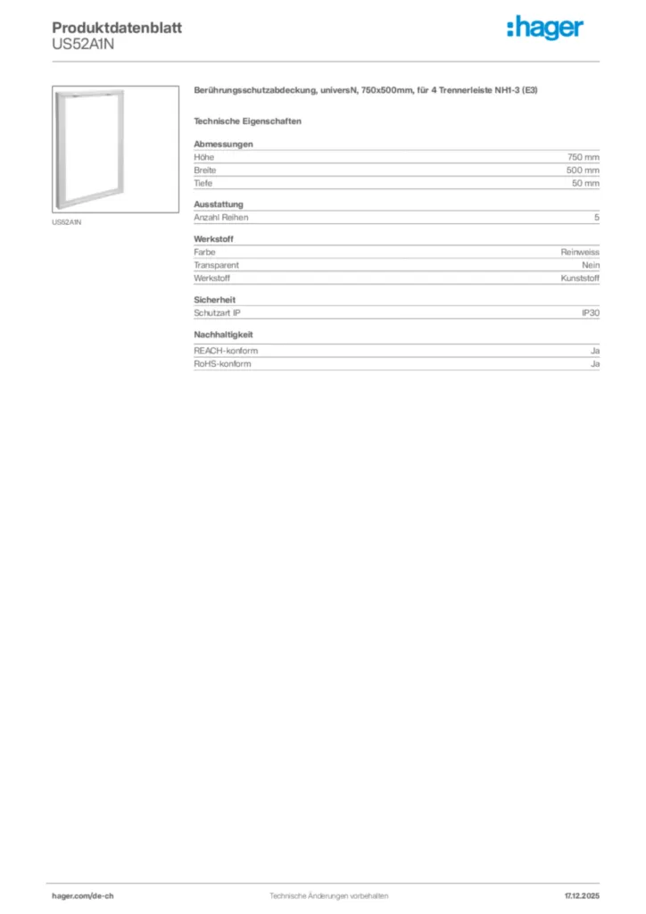 Bild Hager Produktdatenblatt US52A1N | Hager Schweiz