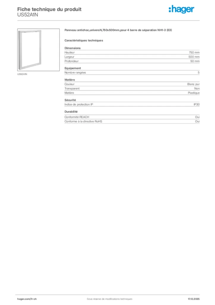 Image Hager Fiche technique du produit US52A1N | Hager Suisse