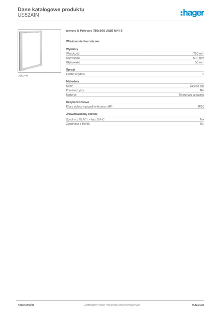 Zdjęcie Hager Karta katalogowa US52A1N | Hager Polska