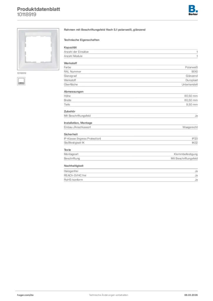 Bild Berker Produktdatenblatt 10118919 | Hager Deutschland