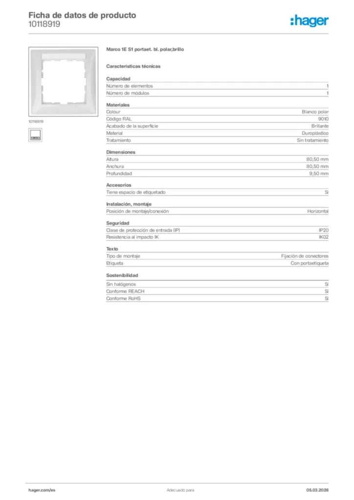 Imagen Hager Ficha de datos de producto 10118919 | Hager España