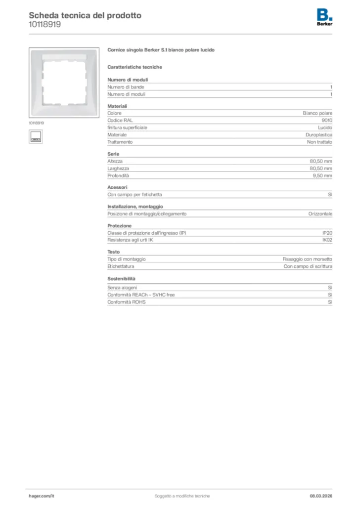 Immagine Berker Scheda tecnica del prodotto 10118919 | Hager Italia