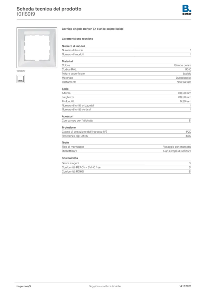 Immagine Berker Scheda tecnica del prodotto 10118919 | Hager Italia