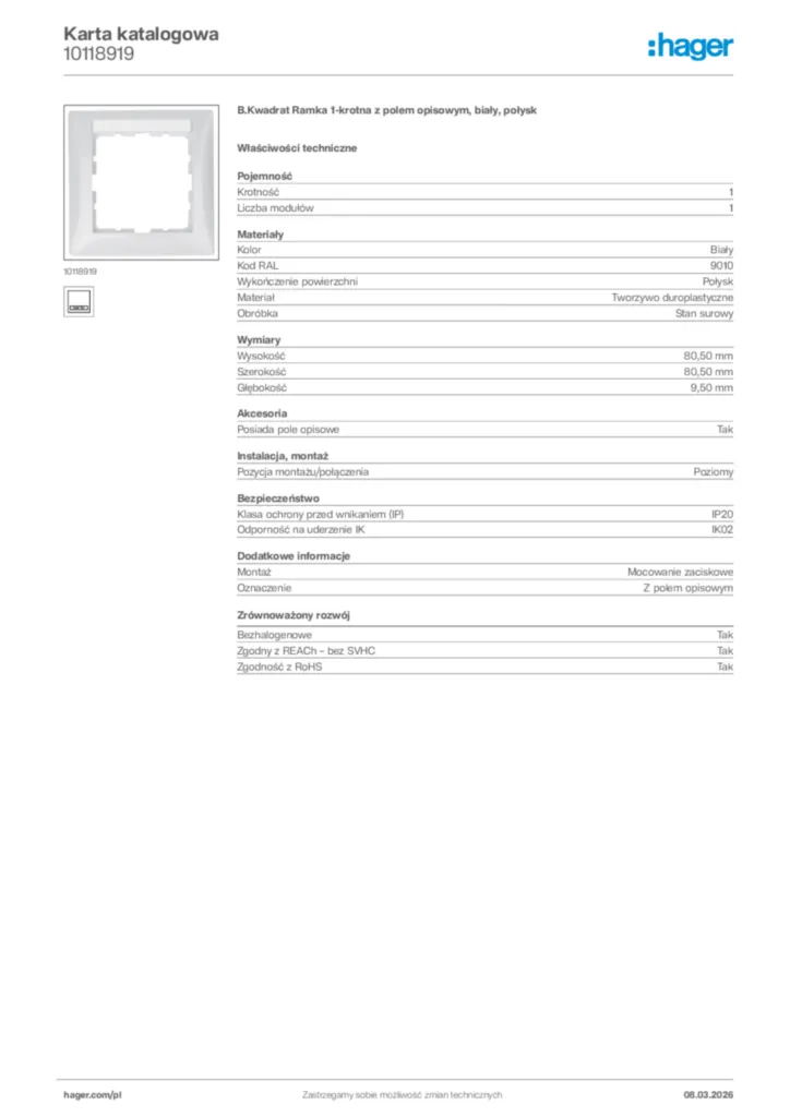 Zdjęcie Hager Karta katalogowa 10118919 | Hager Polska