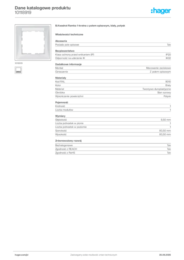 Zdjęcie Hager Karta katalogowa 10118919 | Hager Polska