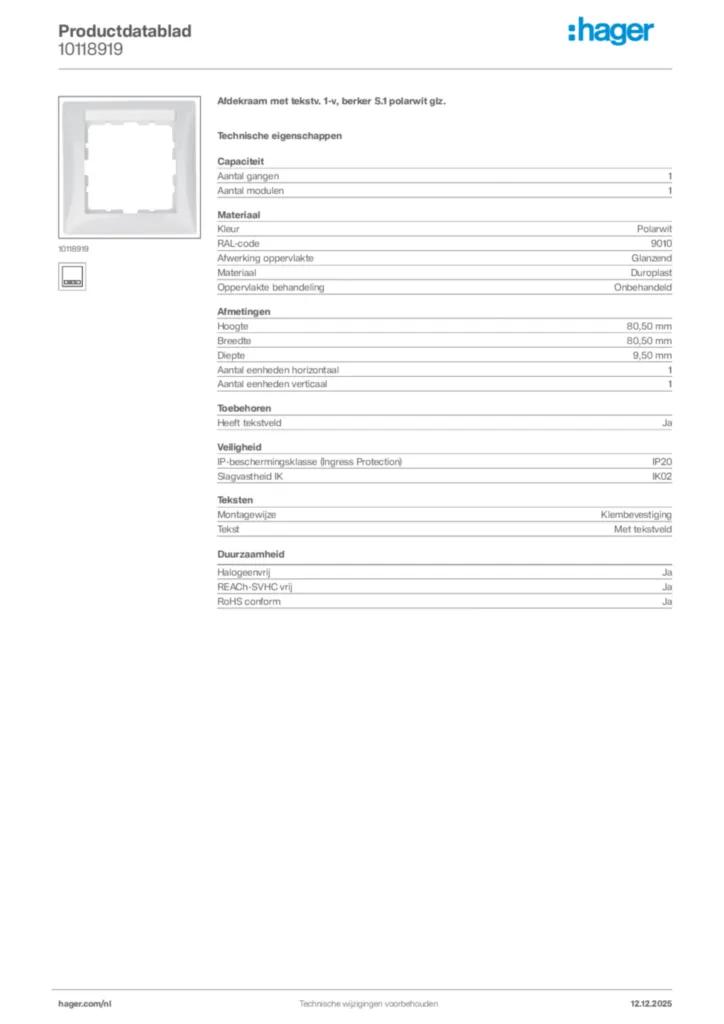Afbeelding Hager Productdatablad 10118919 | Hager Nederland