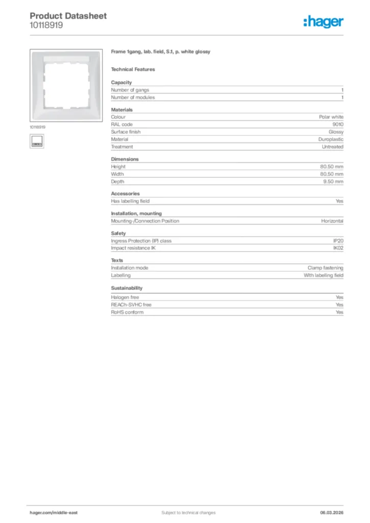 Image Hager Product data sheet 10118919  | Hager
