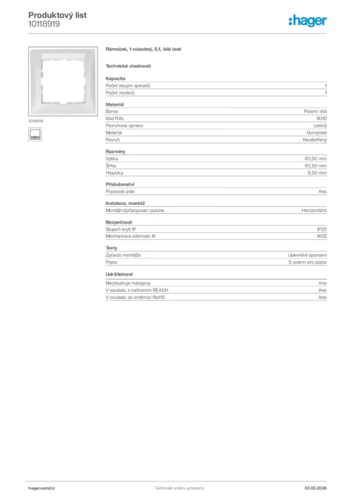 Obrázek Hager Product data sheet 10118919 | Hager