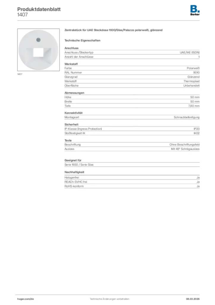 Bild Berker Produktdatenblatt 1407 | Hager Deutschland