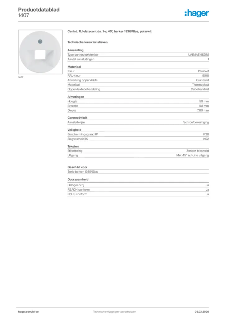 Afbeelding Hager Productdatablad 1407 | Hager Belgium