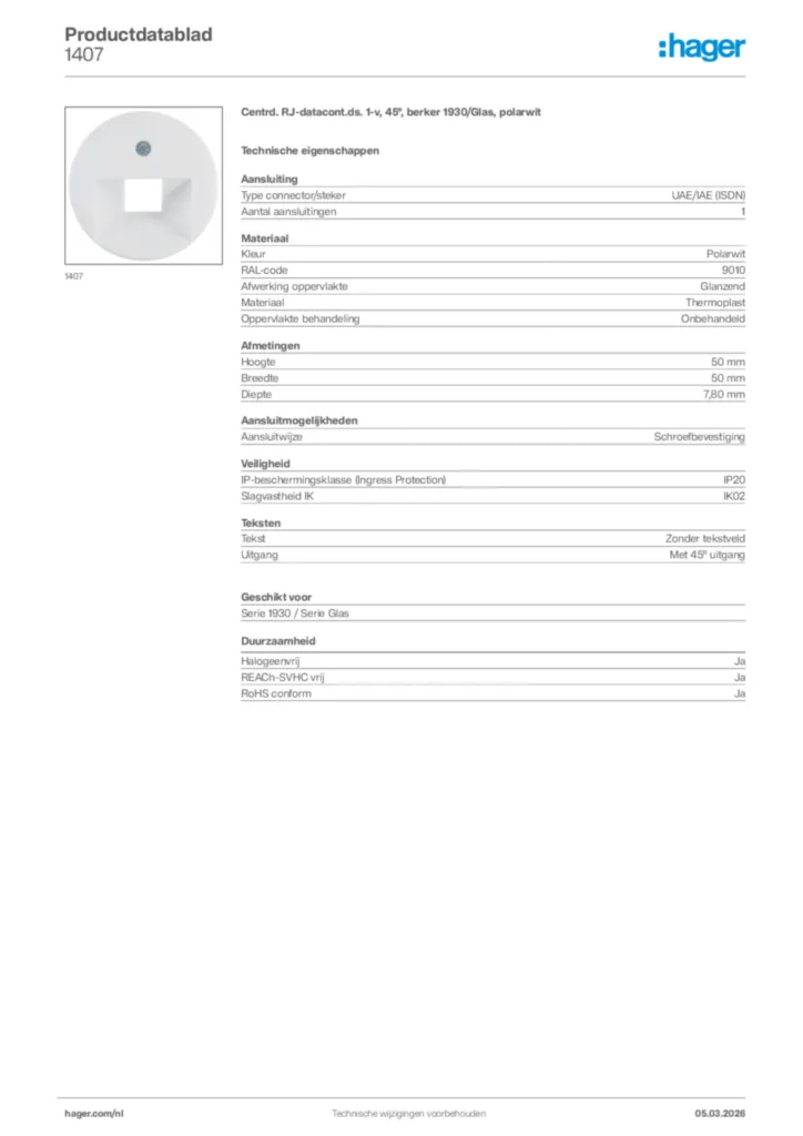 Afbeelding Hager Productdatablad 1407 | Hager Nederland