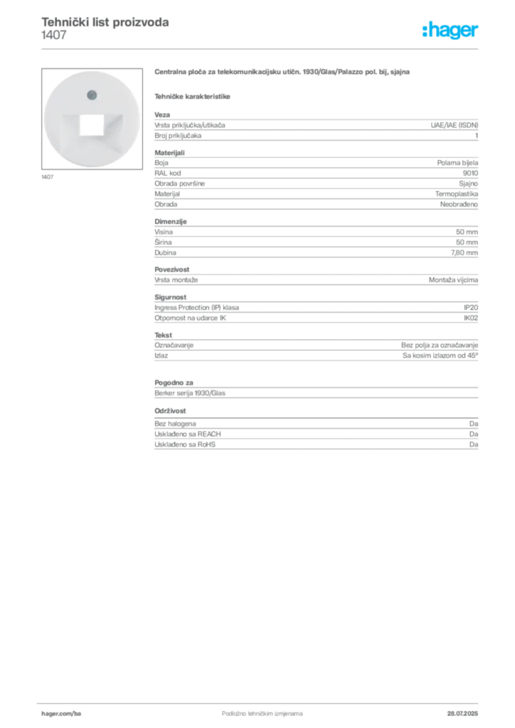Slika Hager Product data sheet 1407  | Hager