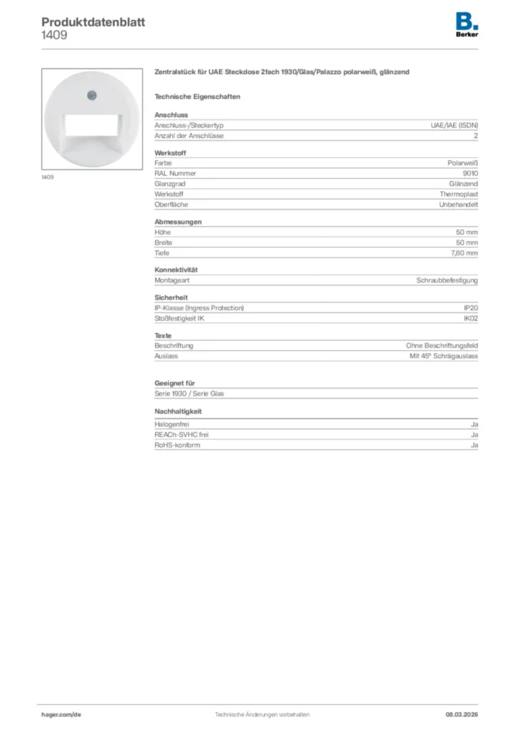 Bild Berker Produktdatenblatt 1409 | Hager Deutschland
