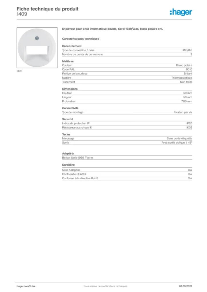 Image Hager Fiche technique du produit 1409 | Hager Belgique
