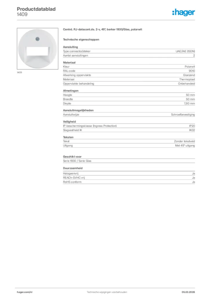 Afbeelding Hager Productdatablad 1409 | Hager Nederland