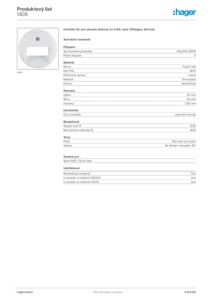 Obrázek Hager Produktový list 1409 | Hager