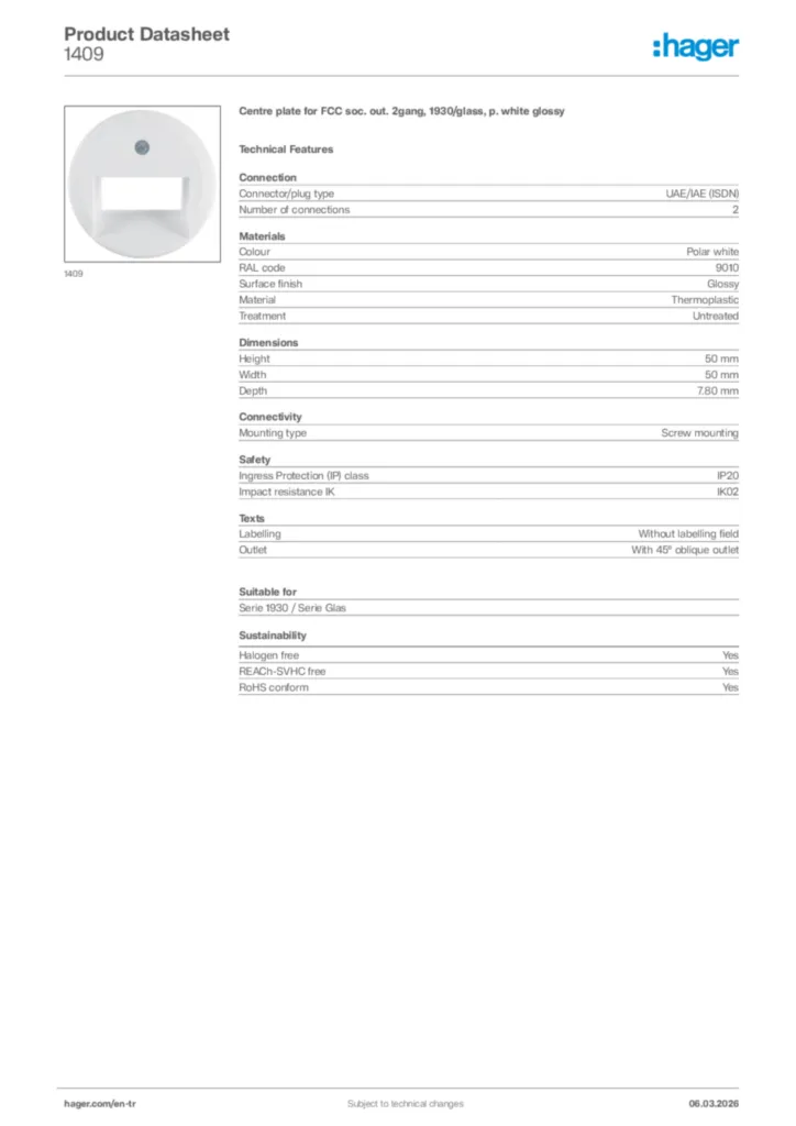 Image Hager Product data sheet 1409  | Hager