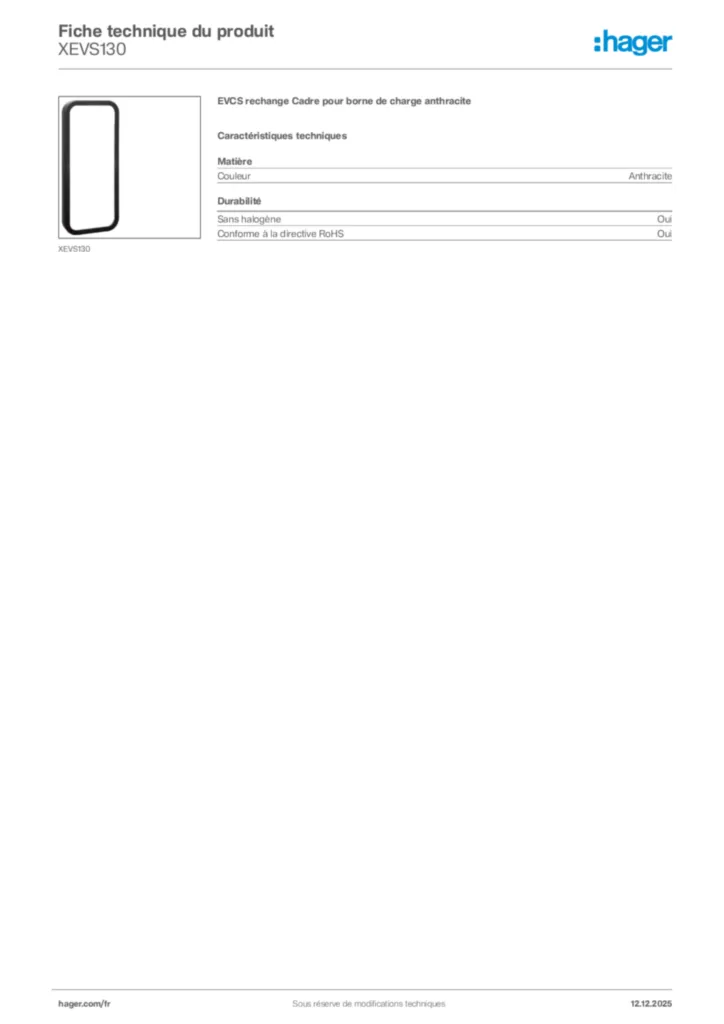 Image Hager Fiche technique du produit XEVS130 | Hager France