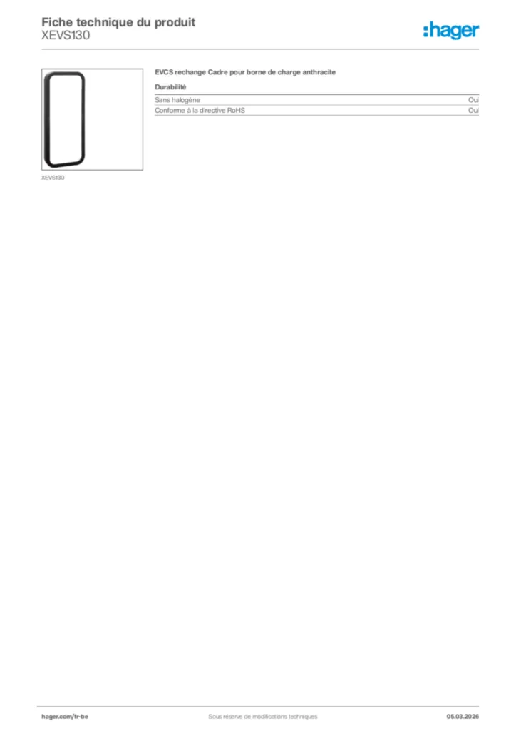 Image Hager Fiche technique du produit XEVS130 | Hager Belgique