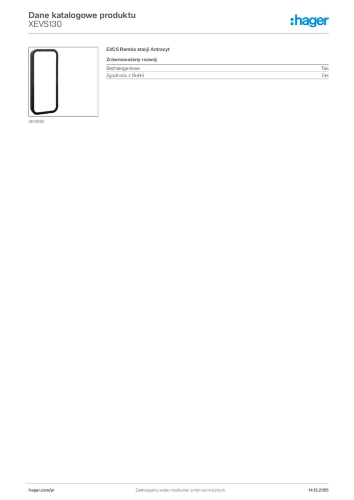 Zdjęcie Hager Karta katalogowa XEVS130 | Hager Polska