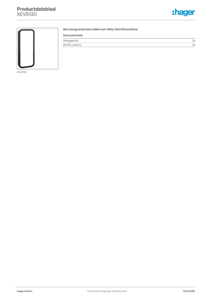 Afbeelding Hager Productdatablad XEVS130 | Hager Nederland