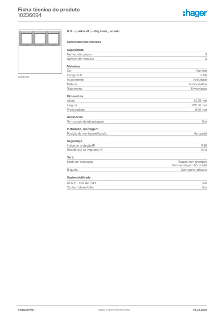 Imagem Hager Ficha técnica do produto 10236094 | Hager Portugal