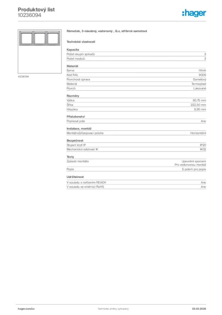 Obrázek Hager Product data sheet 10236094 | Hager