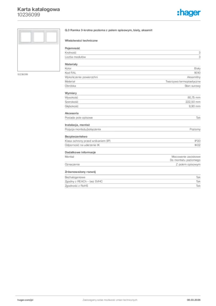 Zdjęcie Hager Karta katalogowa 10236099 | Hager Polska