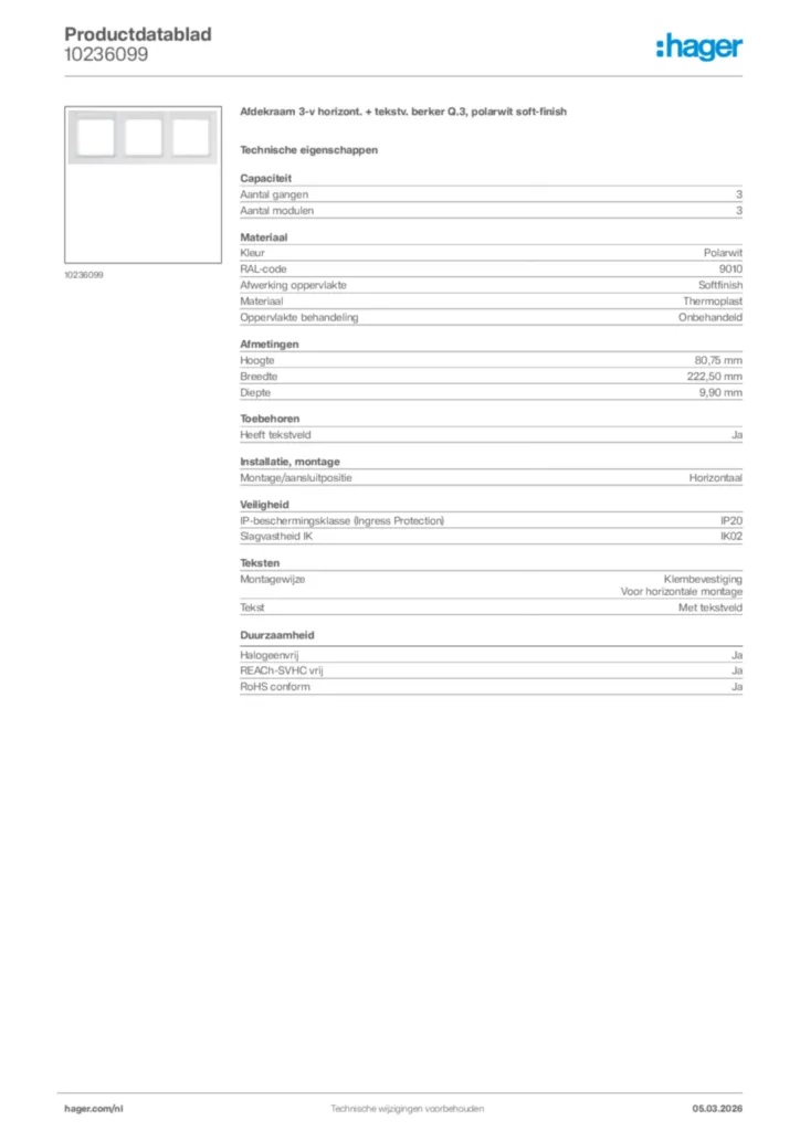 Afbeelding Hager Productdatablad 10236099 | Hager Nederland