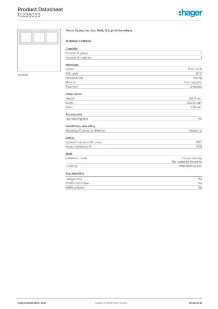 Image Hager Product data sheet 10236099  | Hager