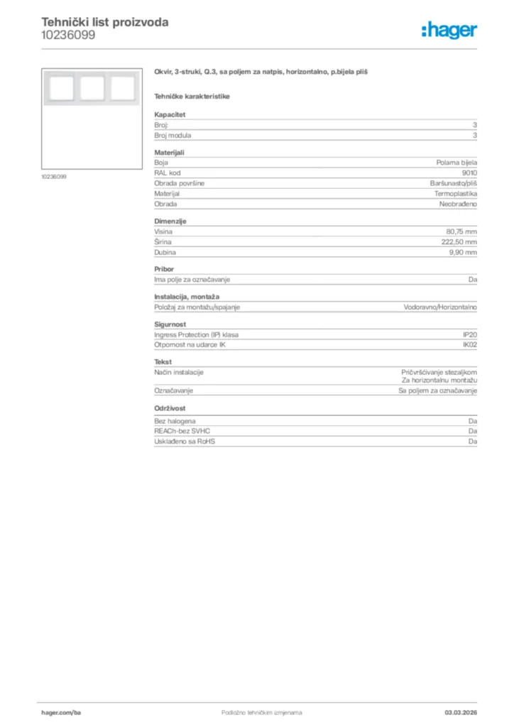 Slika Hager Tehnički list proizvoda 10236099  | Hager