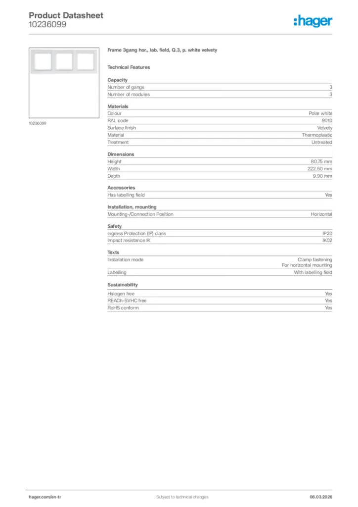 Image Hager Product data sheet 10236099  | Hager