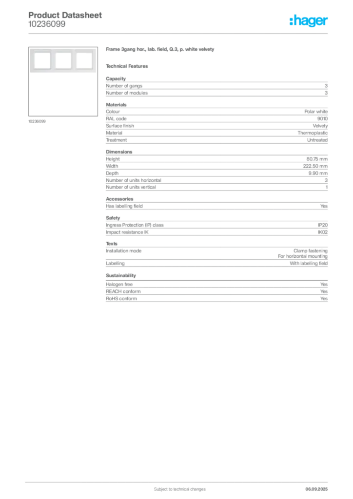 Image Hager Product data sheet 10236099  | Hager