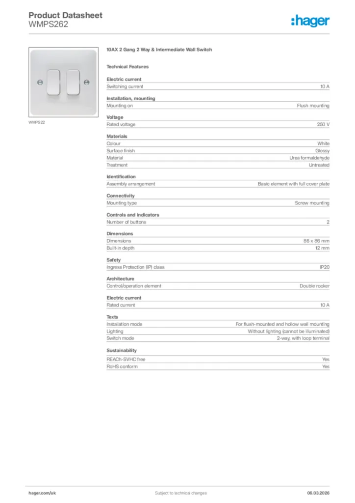 Image Hager Product data sheet WMPS262  | Hager