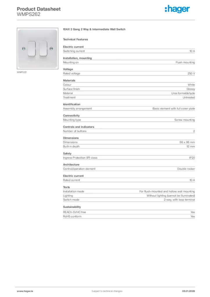 Image Hager Product data sheet WMPS262  | Hager