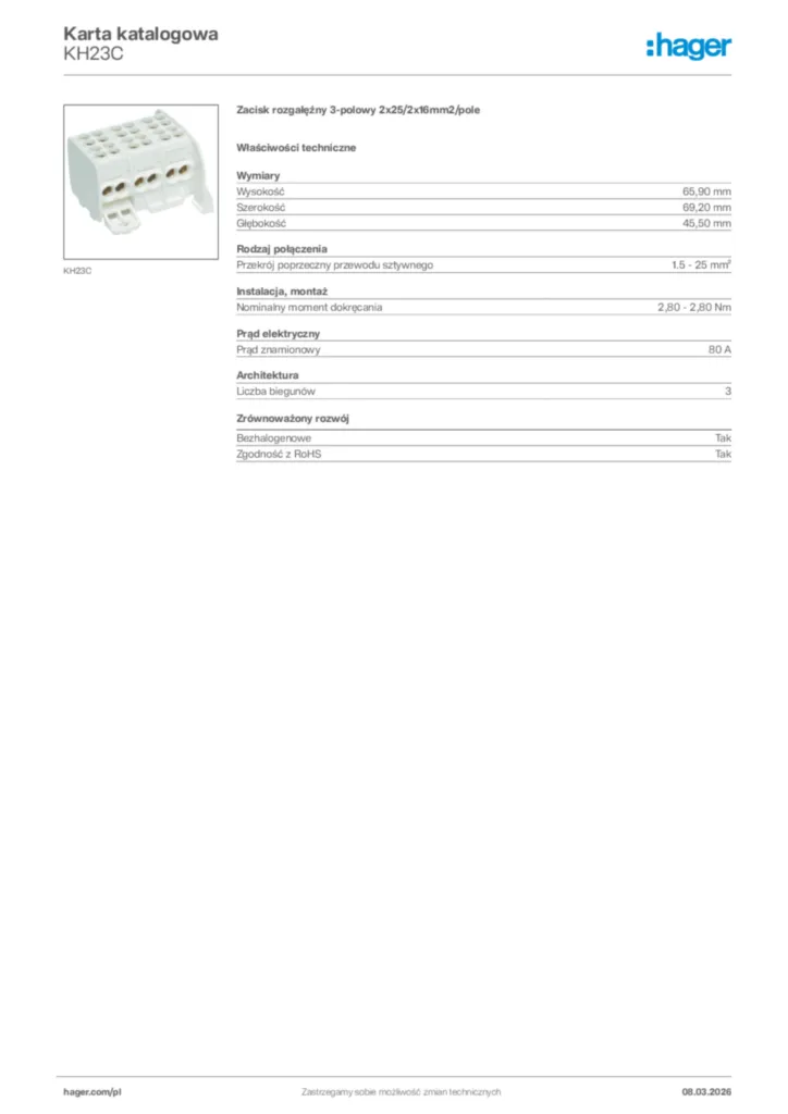 Zdjęcie Hager Karta katalogowa KH23C | Hager Polska