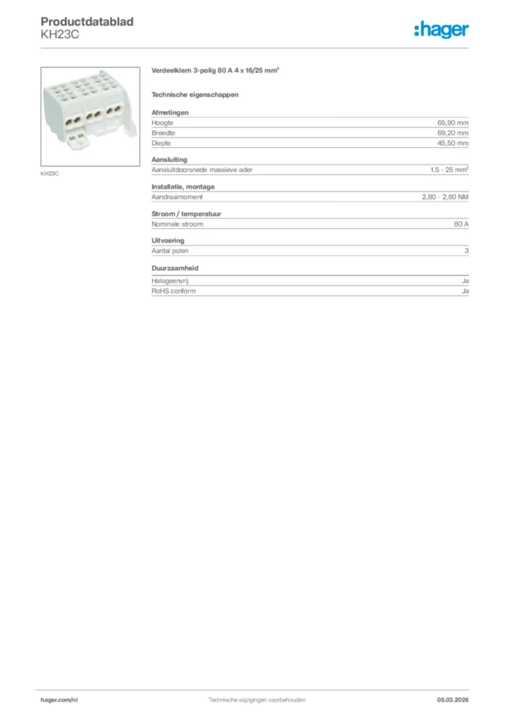Afbeelding Hager Productdatablad KH23C | Hager Nederland
