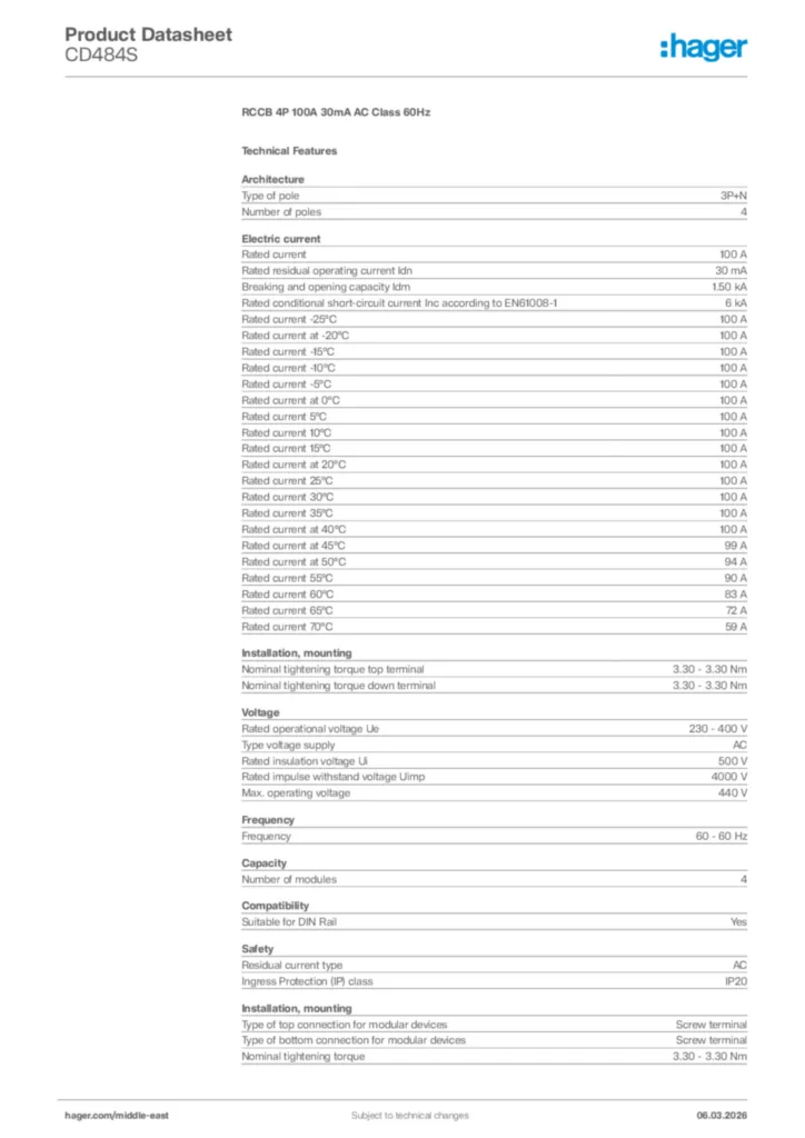 Image Hager Product data sheet CD484S  | Hager