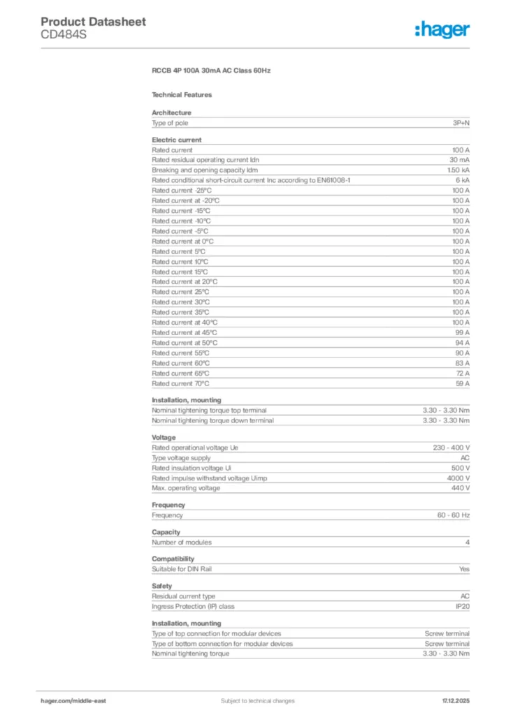 Image Hager Product data sheet CD484S  | Hager
