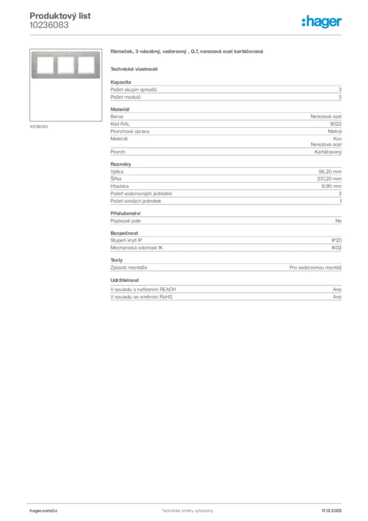 Obrázek Hager Produktový list 10236083 | Hager