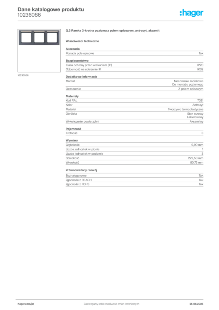 Zdjęcie Hager Karta katalogowa 10236086 | Hager Polska