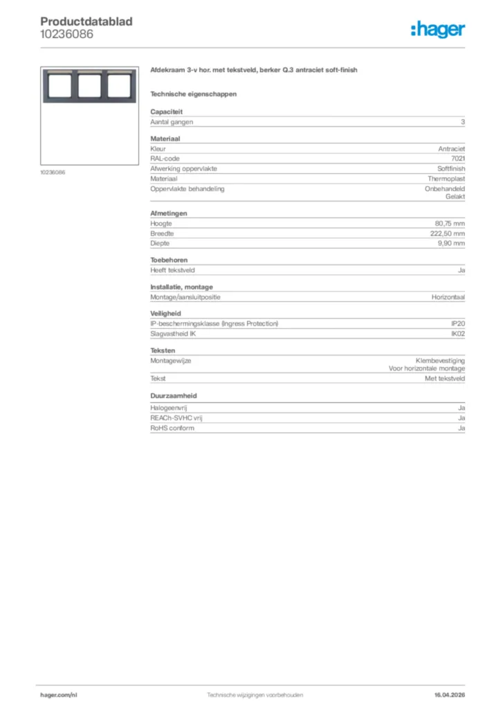 Afbeelding Hager Productdatablad 10236086 | Hager Nederland