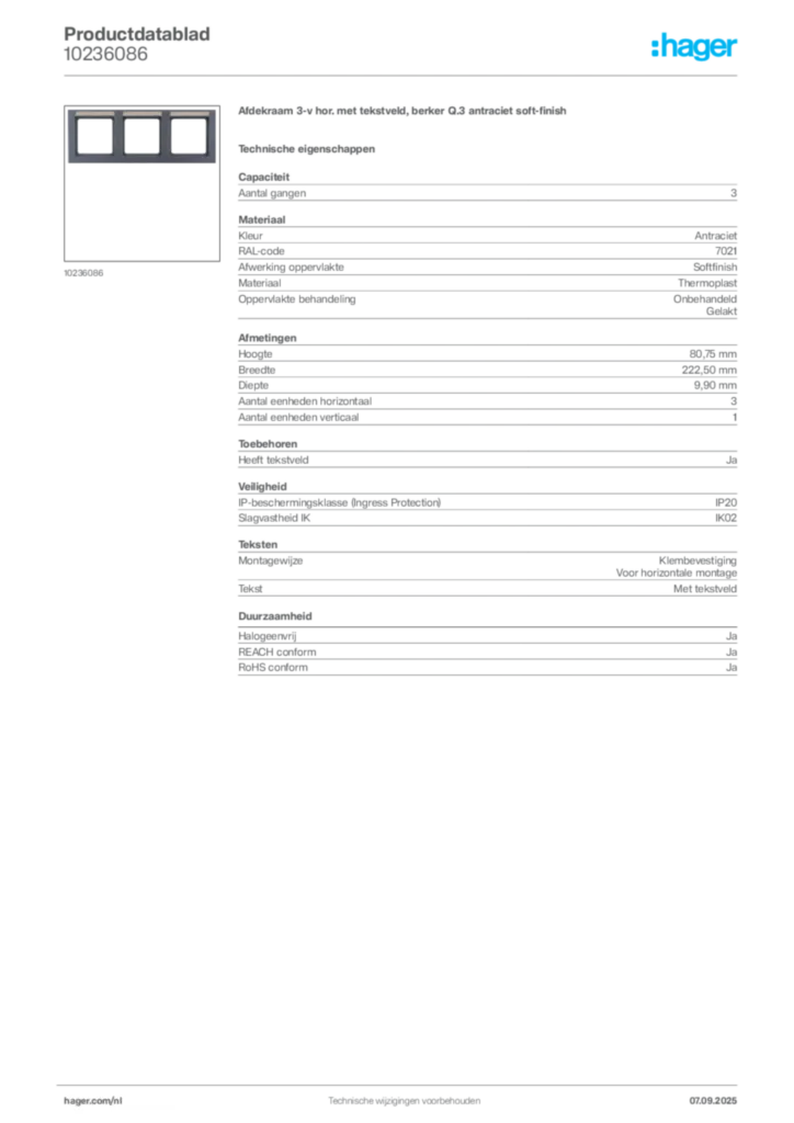 Afbeelding Hager Productdatablad 10236086 | Hager Nederland