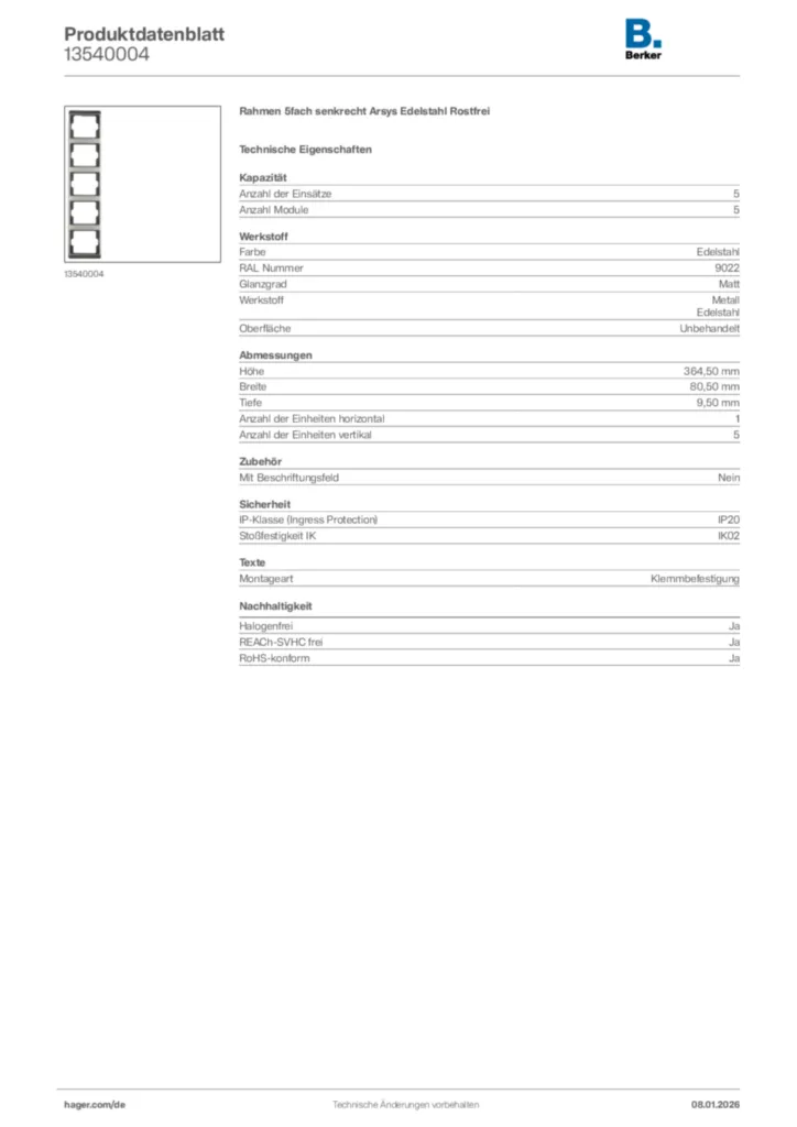 Bild Berker Produktdatenblatt 13540004 | Hager Deutschland