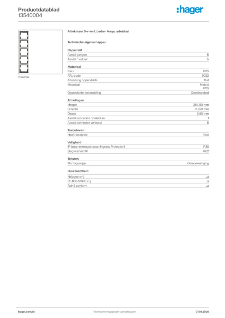 Afbeelding Hager Productdatablad 13540004 | Hager Nederland