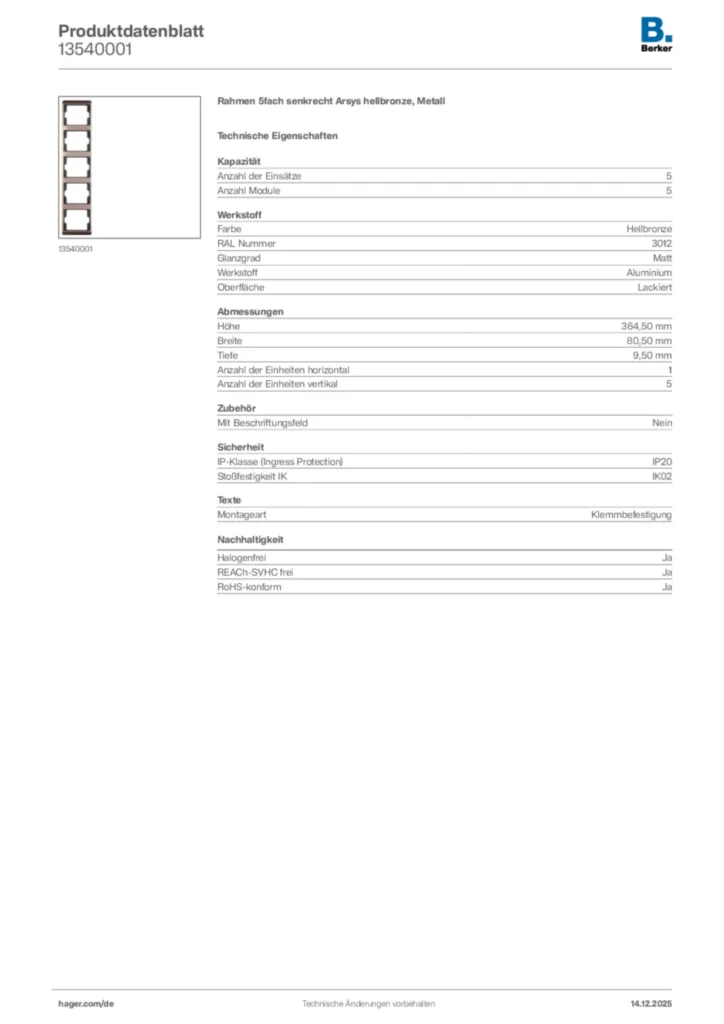 Bild Berker Produktdatenblatt 13540001 | Hager Deutschland