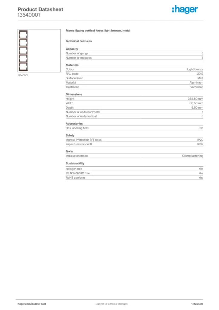 Image Hager Product data sheet 13540001  | Hager