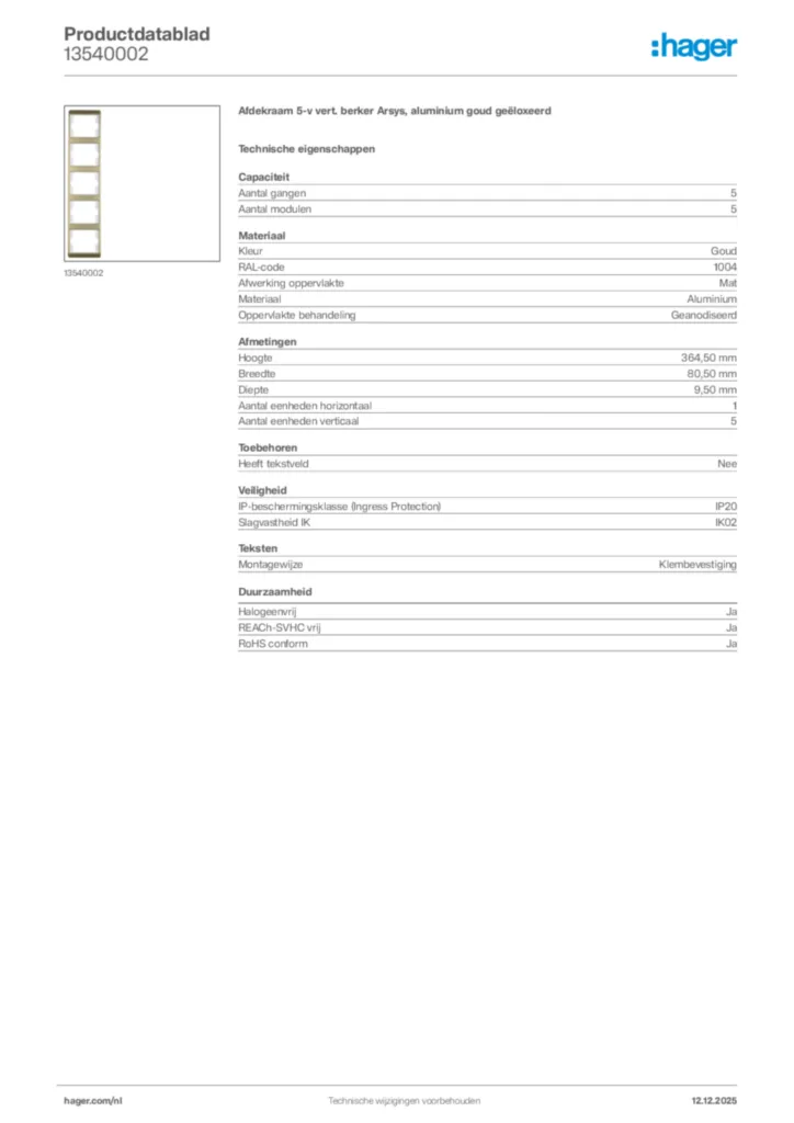 Afbeelding Hager Productdatablad 13540002 | Hager Nederland