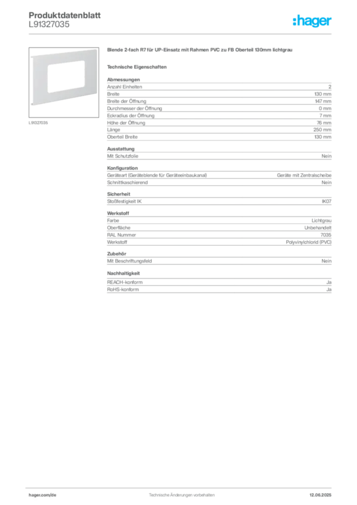 Hager Produktdatenblatt L91327035